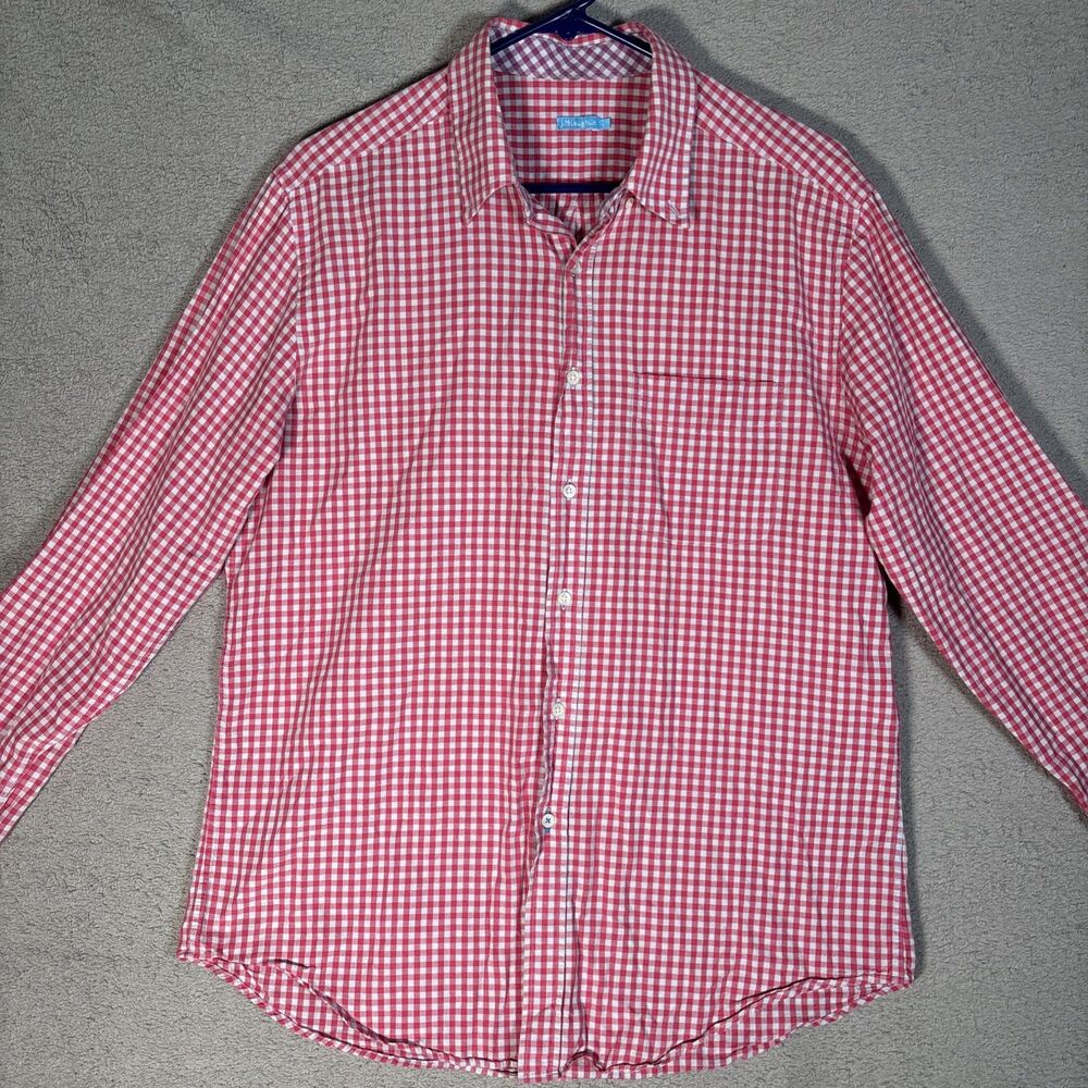 J McLaughlin Mens‎ L Button Down Shirt Picnic Table Red Checkered Plaid Preppy